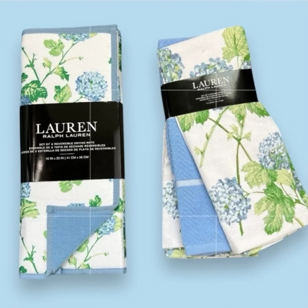 Ralph Lauren - ‘Hydrangea - bundle ‘ Dish towels (3) & Drying mats (2) NWT Firm!